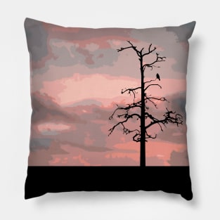 Crow Perched on a Tree Branch Silhouette Pillow