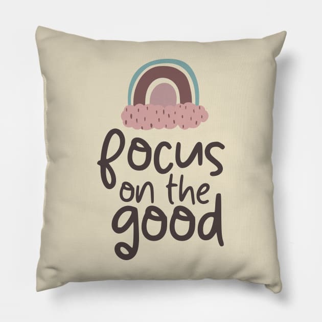 Focus On The Good Boho Cute Pink Neutral Rainbow Print Pillow by zedonee