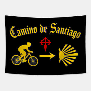 Camino de Santiago Typography Man Riding a  Bicycle Yellow Arrow Scallop Shell Red Cross Tapestry