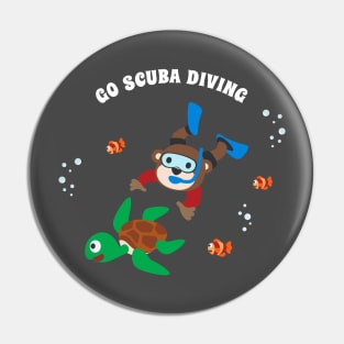Diving with funny monkey and turtle with cartoon style. Pin