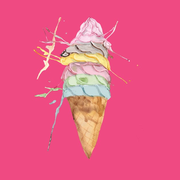 Melting Ice Cream Delight - Handpainted Watercolor Sugar Cones with Soft Serve Icecream by Maddyslittlesketchbook