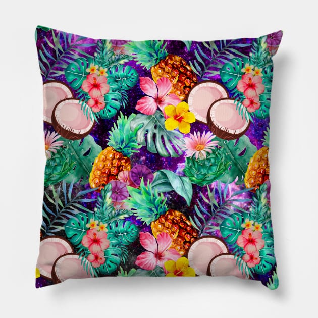 tropical pineapple exotic botanical illustration with floral tropical fruits, dark purple fruit pattern over a Pillow by Zeinab taha
