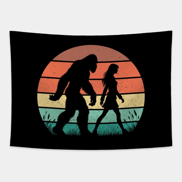 Bigfoot Sasquatch Hiking With a Girl Vintage Outdoor Tapestry by Cuteness Klub