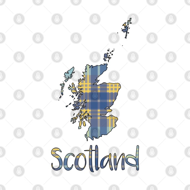 Scotland Blue and Yellow Tartan Map Typography Design by MacPean