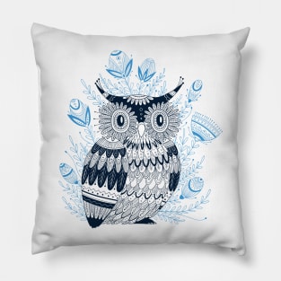 Blue owl with flowers Pillow