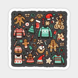 a fun and quirky collage of various holiday-themed elements to create the ultimate "Ugly Christmas Sweater" pattern. Think reindeer, snowflakes, gingerbread men, and more. Magnet