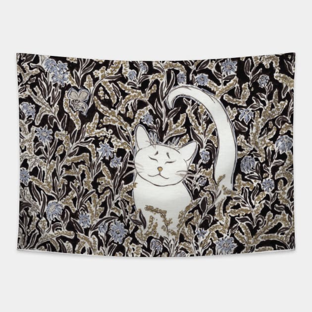 Black Neko named Nana with detailed Gold and Blue Floral Pattern Background Tapestry by paintingbetweenbooks