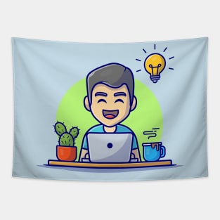 Male Operating Laptop With Idea Cartoon Vector Icon Illustration Tapestry