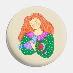 Girl Bird Flowers Pin