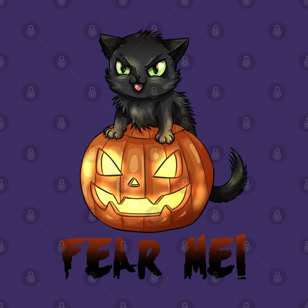 FEAR ME | Halloween black kitten and pumpkin cartoon by Shirin Illustration