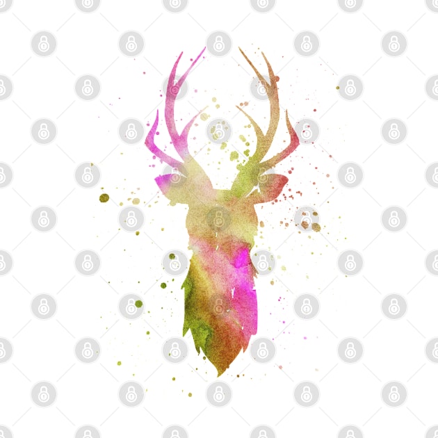 Purple Green watercolor deer head by TheBlackCatprints