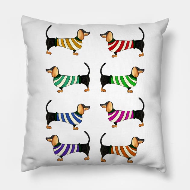 Little dachshund wearing stripped pullovers Pillow by estudioanzol