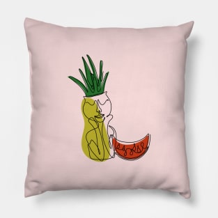 One line art style potted aloe plant and watermelon Pillow