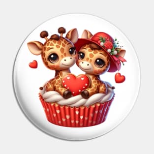 Valentine Giraffe Couple In A Cupcake Pin