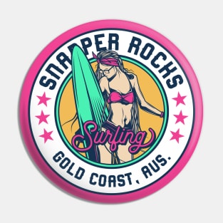 Retro Surfer Babe Badge Snapper Rocks Gold Coast Australia Pin