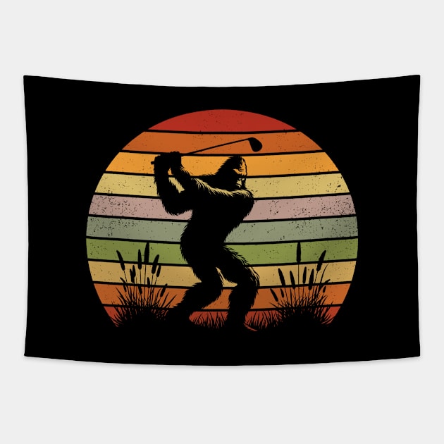 Bigfoot Sasquatch Playing Golf Vintage Sunset Outdoor Sport Tapestry by Cuteness Klub