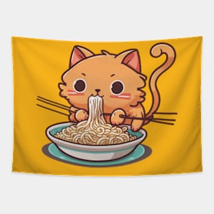 Kawaii Sweet Cat Eating Spaghetti Tapestry