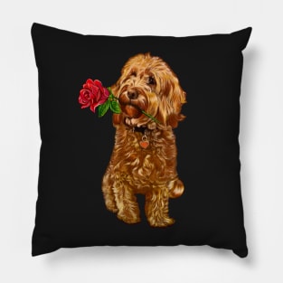 The Best Valentine’s Day Gift ideas 2022, Cavapoo Cavoodle with single red rose- cute cavalier king charles spaniel snug in a snowflake themed scarf Pillow