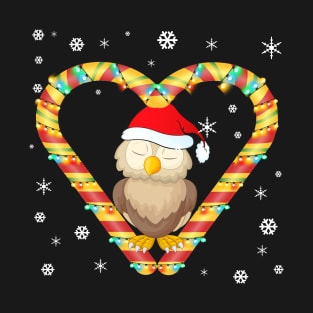 Cute Owl Candy Cane Heart Funny Christmas Light Gift T-Shirt