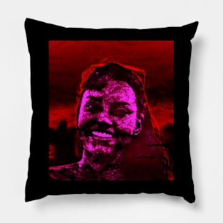 Girl, in place like hell, looking and smiling. Dark and beautiful. Pillow