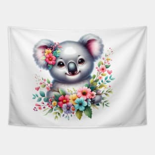 A baby koala bear decorated with beautiful colorful flowers. Tapestry