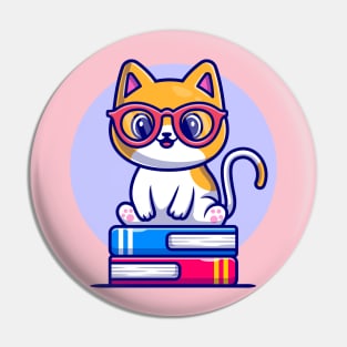 Cute Cat Sitting On Book Stack Cartoon Pin