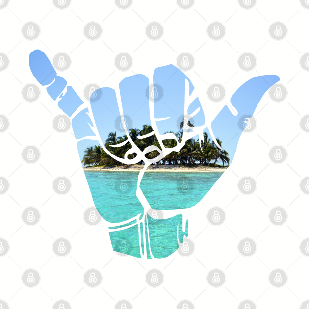 Shaka hang loose hand gesture with photograph of tropical island