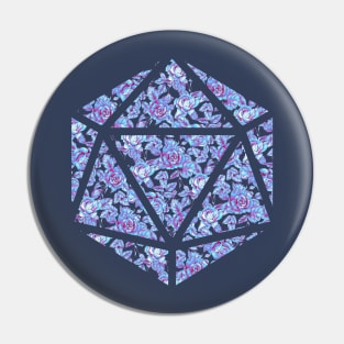 Neon Blue and Purple Gradient Rose Vintage Pattern Silhouette D20 - Subtle Dungeons and Dragons Design Pin