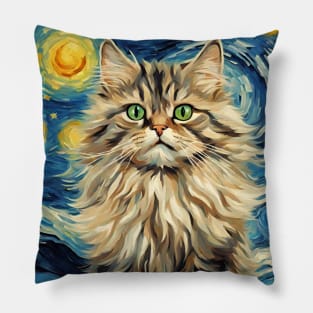 Siberian Cat Breed Painting in a Van Gogh Starry Night Art Style Pillow