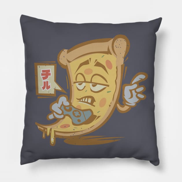 Japanese Vintage Pizza Gamer Saying Chill Pillow by ArtOnTheRun