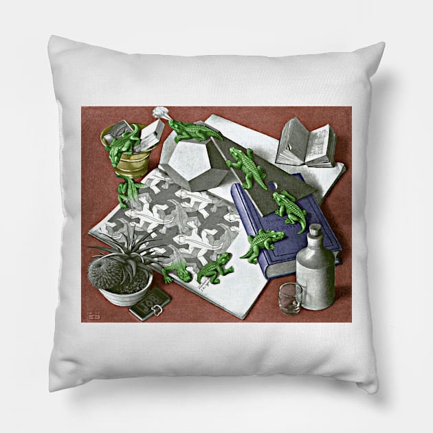 Reptiles Escher Art Print 1943 Imp-Art Vintage Print Optical Illusion Pillow by ZiggyPrint