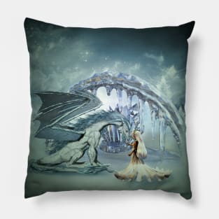 Awesome ice dragon and fairy in a winter landscape Pillow