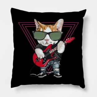 Funny Cat Playing Bass Guitar Electric Guitar Retro Vintage Pillow