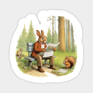 Rabbit sitting on a bench reading a newspaper with a squirre Magnet