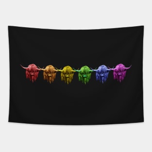 Scottish Highland Cows Rainbow Herd On Black Tapestry