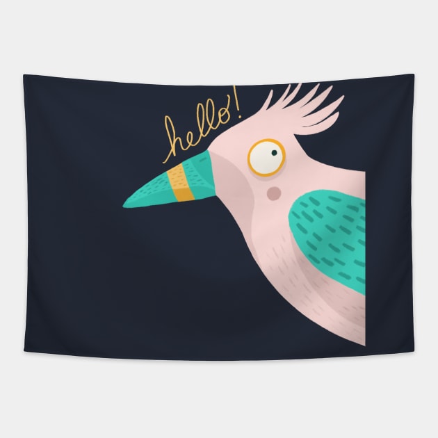 Pink hello bird Tapestry by Valeria Frustaci 