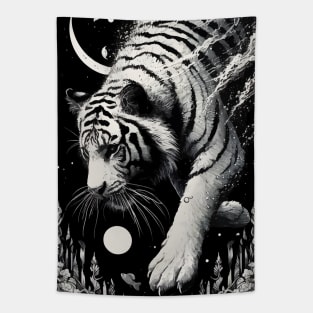 Monochromatic Tiger Diving Underwater At Night Tapestry