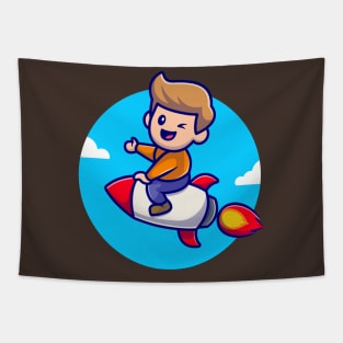 Cute Boy Riding Rocket Cartoon Illustration Tapestry