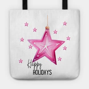Happy Holidays with Pink Stars and Gold String Tote