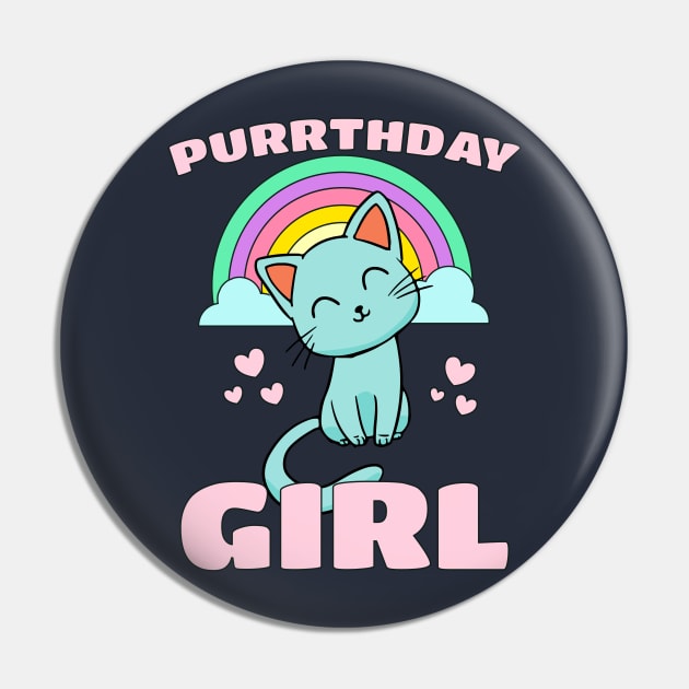 Purrthday Girl - Cute Kitty Cat Hearts & Rainbow Pin by PozureTees108