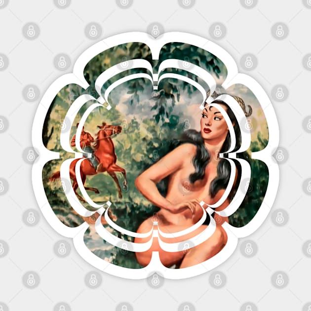 beautiful mythological girl in the forest looking at a rider on horseback Magnet by REVISTANGO