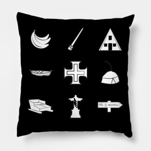 Madeira Island icons: Bananas, Poncha, Santana House, Fishing Boat, Cross, Folklore Hat, Toboggan Ride, Christ the Redeemer and Recommended Walking Route sign (PR) in black & white Pillow