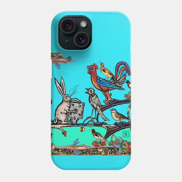 WEIRD MEDIEVAL BESTIARY MORNING MUSIC CONCERT OF RABBITS AND BIRDS IN TEAL BLUE Phone Case by BulganLumini