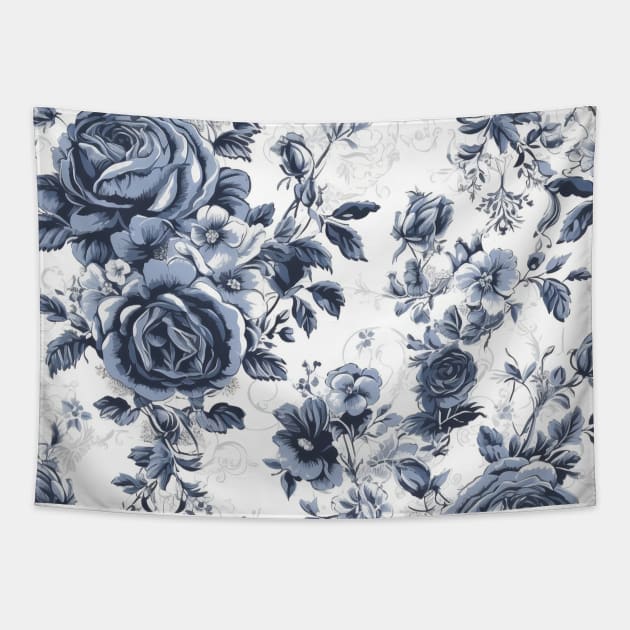 Blue and White Roses Toile Tapestry by Moon Art