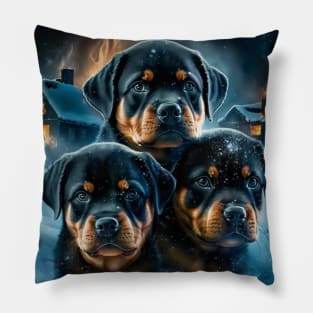 Rottweiler Puppies Surrounded With Fire Pillow