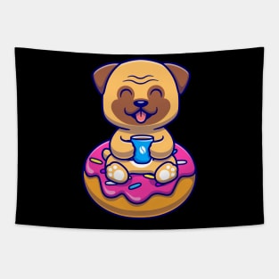 Cute Pug Dog With Coffee And Doughnut Cartoon Tapestry