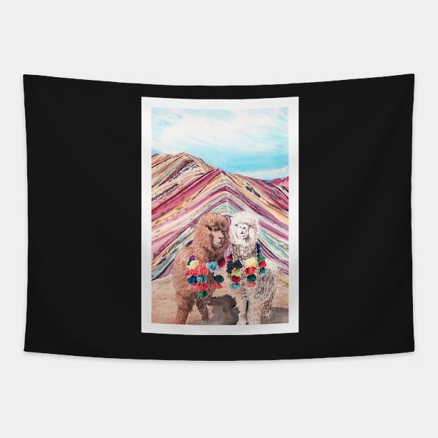 Llama Rainbow Mountain, Peru Tapestry by NorrskenArt