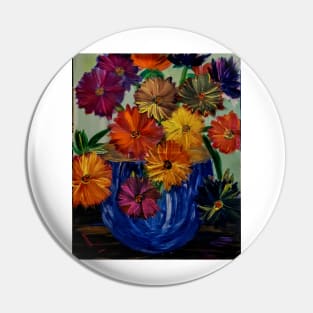 Some abstract vibrant colorful flowers in a glass vase with gold accent on base and top of vase Pin