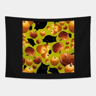 Black Cat and Pumpkins Tossed on Yellow Green Repeat 5748 Tapestry