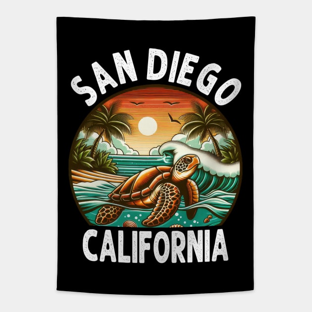 California Beach, San Diego Sea Turtle Beach Vacation Tapestry by MoDesigns22 